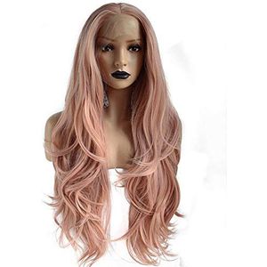 Dkee Pruiken Europese en Amerikaanse mode-stijl roze golvend krullend haar lang haar for Lace hoge temperatuur zijde pruik dame