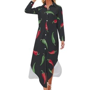 Rode En Groene Paprika's Lange Mouw Maxi Shirt Jurken Voor Vrouwen Casual V-hals Knoop Blouses S