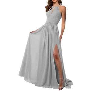 Chiffon bruidsmeisjesjurk voor dames, voor bruiloft, prinses, baljurken met split, cocktailjurk, grote maten, Zilver, 32