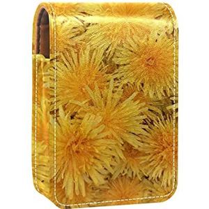 Draagbare Lipstick Case voor op reis, Mini Lipstick Opbergdoos met spiegel voor dames dames, Lederen cosmetische etui Geel Chrysant Bloemen, Meerkleurig, 9.5x2x7 cm/3.7x0.8x2.7 in