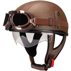Leren Halve Helm Duitse Stijl Retro Motorhelm DOT/ECE Goedgekeurde Heren Dames Vintage Open Helm Met Bril Halve Schaal Kap Bromfietshelm Voor Chopper Cruiser Scooter 5,M