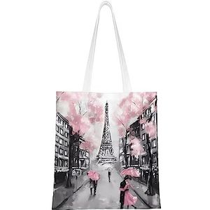 LamaMe Parijs Straat Eiffeltoren Roze Bloemen 12ann Herbruikbare Canvas Tote Voor Winkelen Strand Moederdag Gift Bag, Zwart, Eén maat