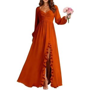 BRIGOW BY034 Damesjurk met lange mouwen, chiffon, bruidsmeisjesjurk, geplooid lijfje, lang, A-lijn, galajurk met split, Roest, 48