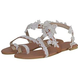 LDOZ Flat Sandals for Women Lace Flower Ring Toe Slip On Slippers Boho style Sandals for Street Shopping(White,10.5)