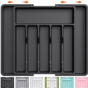 Lifewit Zilverwerk Organizer, Uitbreidbare Gebruiksvoorwerpen Tray voor Lade, Verstelbare Couvert en Bestek Houder, Compacte Plastic Lade Opbergruimte Lepels Vorken Messen, Groot, Zwart