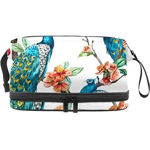 Grote capaciteit reizen cosmetische tas,Mooie groene pauw pruimenboom, make-up tas, waterdichte make-up tas organisator, Meerkleurig, 27x15x14 cm/10.6x5.9x5.5 in