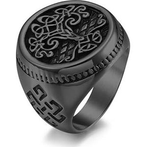 Vintage Noorse mythologie knoop levensboom roestvrij stalen ring heren hand sieraden (Color : Black, Size : 12#)
