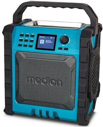 MEDION P66896 bouwplaatsradio (DAB Plus, DAB+/UKW, geïntegreerde oplaadbare batterij, kleurenscherm, Bluetooth, powerbankfunctie, IP54, robuust, twee passieve radiatoren)