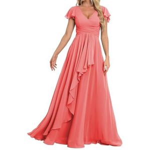 Prinses Bruidsmeisjes Jurken Flutter Mouw Galajurken Chiffon Formele Avondfeest Maxi Jurk met Split ZM189, Koraal, 32