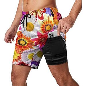 Kleurrijke Bloem Heren Zwembroek Sneldrogende 2 in 1 Strand Sport Shorts met Compressie Liner En Zak