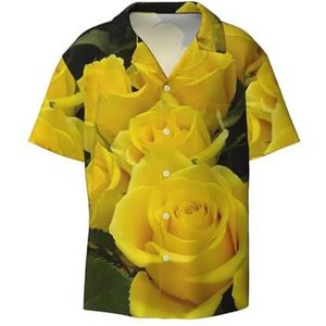 EdWal Gele Rozen Print Heren Korte Mouw Button Down Shirts Casual Losse Fit Zomer Strand Shirts Heren Jurk Shirts, Zwart, XL