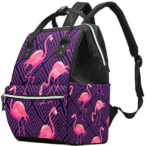 Multifunctionele grote baby luiertas rugzak luiertas met geïsoleerde waterfles tas reizen rugzak voor mama en papa, tropisch patroon met roze flamingo's op paarse geometrische achtergrond