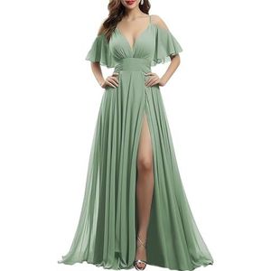 WSEYU Off Shoulder Bruidsmeisjesjurken Lange Chiffon Spaghetti Bandjes Formele Avondjurk, Salie, 46