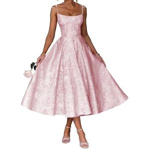 AHERKLL Spaghetti Bandjes Bruidsmeisjes Jurken Bloemen Satijn Jacquard Formele Avond Feest Maxi Jurk Thee Lengte HAH048, roze, 52 grote maten