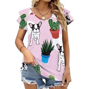 Bulldog en cactus(1) Casual tuniek tops ruches korte mouwen T-shirts V-hals blouse T-shirt