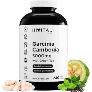 Garcinia Cambogia 5000 mg. 240 veganistische capsules voor 4 maanden behandeling. Natuurlijke Garcinia Cambogia 60% HCA met Natuurlijke Groene Thee. Gefabriceerd in Europa door HIVITAL
