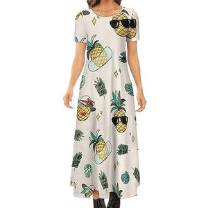 Ananas patroon vrouwen zomer casual korte mouw maxi jurk ronde hals bedrukte lange jurken L