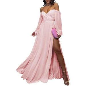 Chiffon bruidsmeisjesjurk voor dames, met splitplooien, baljurken, cocktailjurken, grote maten, Blush Roze, 32