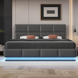 Crlnaup Gestoffeerd bed, 180 x 200 cm, met ledverlichting en hydraulisch verhoogde bedopbergruimte, bedlade en lattenbodem, overtrek van kunstleer, tweepersoonsbed, volwassenen, tienerbed, grijs