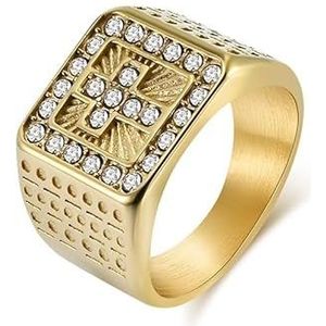 ForTitanium staal vergulde 18K gouden kruis volledige diamanten ring hiphop gepersonaliseerde draagbare handsieraden (Color : Golden, Size : 12#)