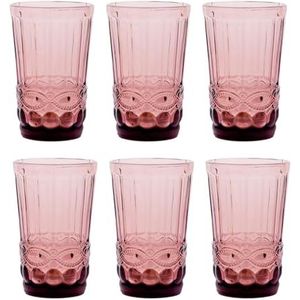 Vintage set van 6 gekleurde wijnglazen en drinkglazen met reliëf-reliëf (strik, paars, drinkglas) wijnglas, kelk, waterglas, longdrinkglazen, cocktailglazen, glazen