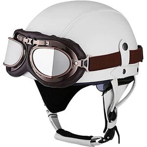 Motorhelm, Heren Dames Skull Cap Bromfiets Street Jet Scooter Open Helm met Pilotenbril, ECE-certificaat E,S=54-56CM(G,M=5758CM)