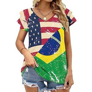 Amerikaanse en Braziliaanse retro vlag dames casual tuniek tops ruches korte mouwen T-shirts V-hals blouse T-shirt