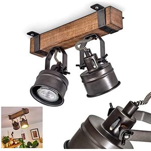 Pehefito plafondlamp, vintage design plafondlamp van metaal/hout in zwart/bruin, retro verlichting met houten balken en verstelbare spots, 2 lampen, 2 x GU10 fitting, exclusief gloeilampen