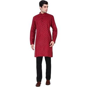 SKAVIJ Heren katoenen tuniek met lange mouwen bedrukt Kurta, Rood, M