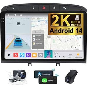 Android 14 QLED Autoradio voor Peugeot 408 1 2012-2020 - Ingebouwde DSP/Carplay/Android Auto - Camera + DVR - 9,5 inch 2 Din - Stuurbediening - FM AM RDS DAB Radio - Bluetooth 5.0(A,2K M200S)