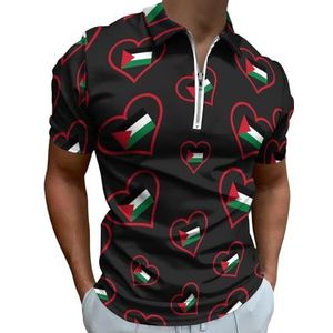 I Love Palestina Rood Hart Half Zip-up Polo Shirts Voor Mannen Slim Fit Korte Mouw T-shirt Sneldrogende Golf Tops Tees 2XS