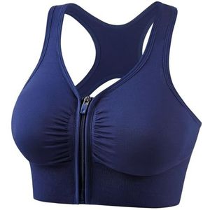 QOHNK Sport BH Voorkant Rits Voor Vrouwen Hoge Ondersteuning Ademend Kruis Terug Shockproof BH Running Gym Yoga Grote Maat Bras, Donkerblauw, M