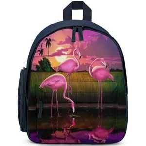 Roze Flamingo Vogels Paars Landschap Rugzak Gedrukt Laptop Rugzak Schoudertas Causale Reizen Dagrugzak voor Mannen Vrouwen Blauwe Stijl