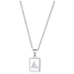 Vierkante initiële kettinghanger, roestvrijstalen hanger, zwart emaille kleur eenvoudige vrouwen naam sieraden Memorial Gift (Color : E_SILVER WITH WHITE BACKGROUND_50CM)