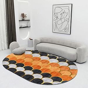 Woonkamer Extra groot formaat Soft Touch laagpolig Ovaal tapijt Antislip wasbare karpetten Stijlvol oranje zwart-wit cirkel patchwork，150 x 200 cm