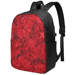 OUSIKA Rode Bloemen Laptop Rugzak Met Usb Opladen Poort Waterbestendig Casual Daypacks Reistas Voor Mannen Vrouwen, Zwart, One Size, Reizen Rugzakken
