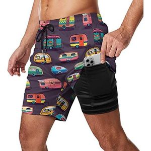 Happy Campers Fashion Zeester Strand Thema Print Heren Zwembroek Sneldrogende 2-in-1 Strandsport Shorts met Compressie Voering En Pocket