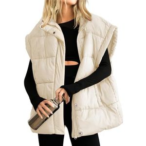 Wintervest Gewatteerd Donsvest Opstaande Kraag Rits Mouwloos Jack Winterlicht Vest Warme Katoenen Jas Mouwloos Vest(Beige,XXL)