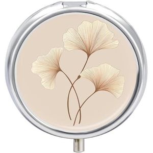 Pillendoos 3 compartimenten ronde pillenorganizer kleine pillenetui voor reizen, bruine ginkgo-bladeren, dagelijkse metalen pillencontainer, draagbare medicijnorganizer voor vitaminen supplement
