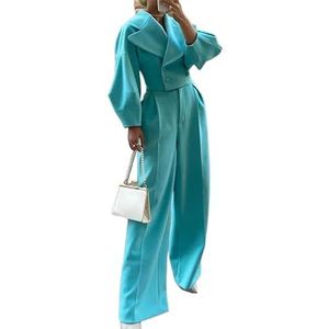 MLSHWUG Dames set: korte trenchcoat slim fit dubbele rij met revers brede broek tweedelig, Blauw, 3XL