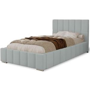 MARPUR POLSTERBED Alma 80x200 cm, bed met hoofdeinde, tweepersoonsbed met bedlade, lattenbodem en matras van hout, veloursstof: lichtgrijs