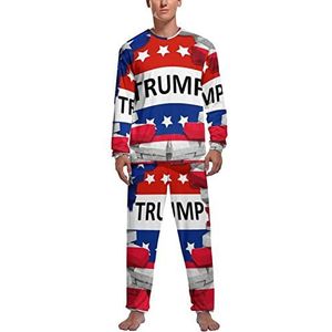 USA vlag en Trump zachte heren pyjama set comfortabele lange mouwen loungewear top en broek geschenken S
