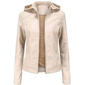 Leren jas voor dames, met capuchon van PU kunstleer gewatteerde jas met ritssluiting Retro lederen jas pluche gevoerd, herfst winter korte jassen, Slim Fit biker-stijl jas motorjas, Abrikoos een, XL