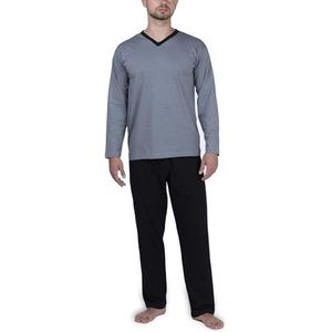 Moonline Lange herenpyjama van 100% katoen met V-hals en strependesign, grijs, M