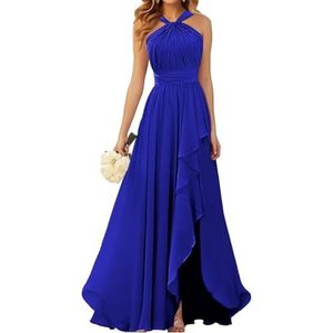 Halter Prinses Bruidsmeisjes Jurken Geplooide Galajurken Ruche Chiffon Split Formele Avond Party Gown ZM212, koningsblauw, 32