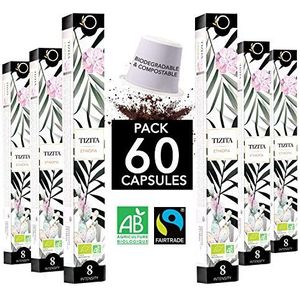 Koffiecapsules Compatibel Nespresso | Biologisch Fair Trade Arabica Koffie, Single Origin Ethiopië (Mokka) TIZITA | Biologisch Afbreekbare Cup Composteerbaar | Ambachtelijk Gebrand | 60 Koffie cups
