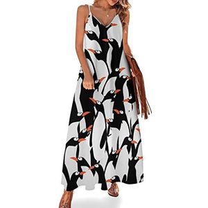 Maxi-jurk met pinguïns patroon, V-hals, mouwloos, spaghettibandjes, lange jurk
