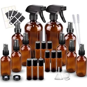 Glazen spuitflessen kits, BonyTek Leeg 12 10 ml Roller Flessen, 12 Amber Essentiële Olie Flessen (22 Oz, 24 Oz, 80 oz) met etiketten voor aromatherapie reinigingsproducten