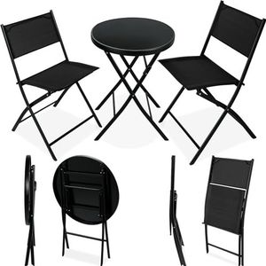 tectake® - bistroset, tafel en 2 x stoelen, kleine ronde eettafel, klaptafel en klapstoelenset, ruimtebesparend meubilair -weerbestendig - voor balkon, terras, tuinmeubelen - zwart