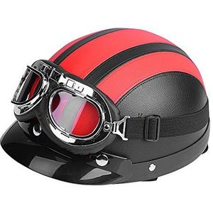 Scooterhelm, universele motorfiets scooter van kunstleer met open gezicht, halve helm en vizier bril (rood)